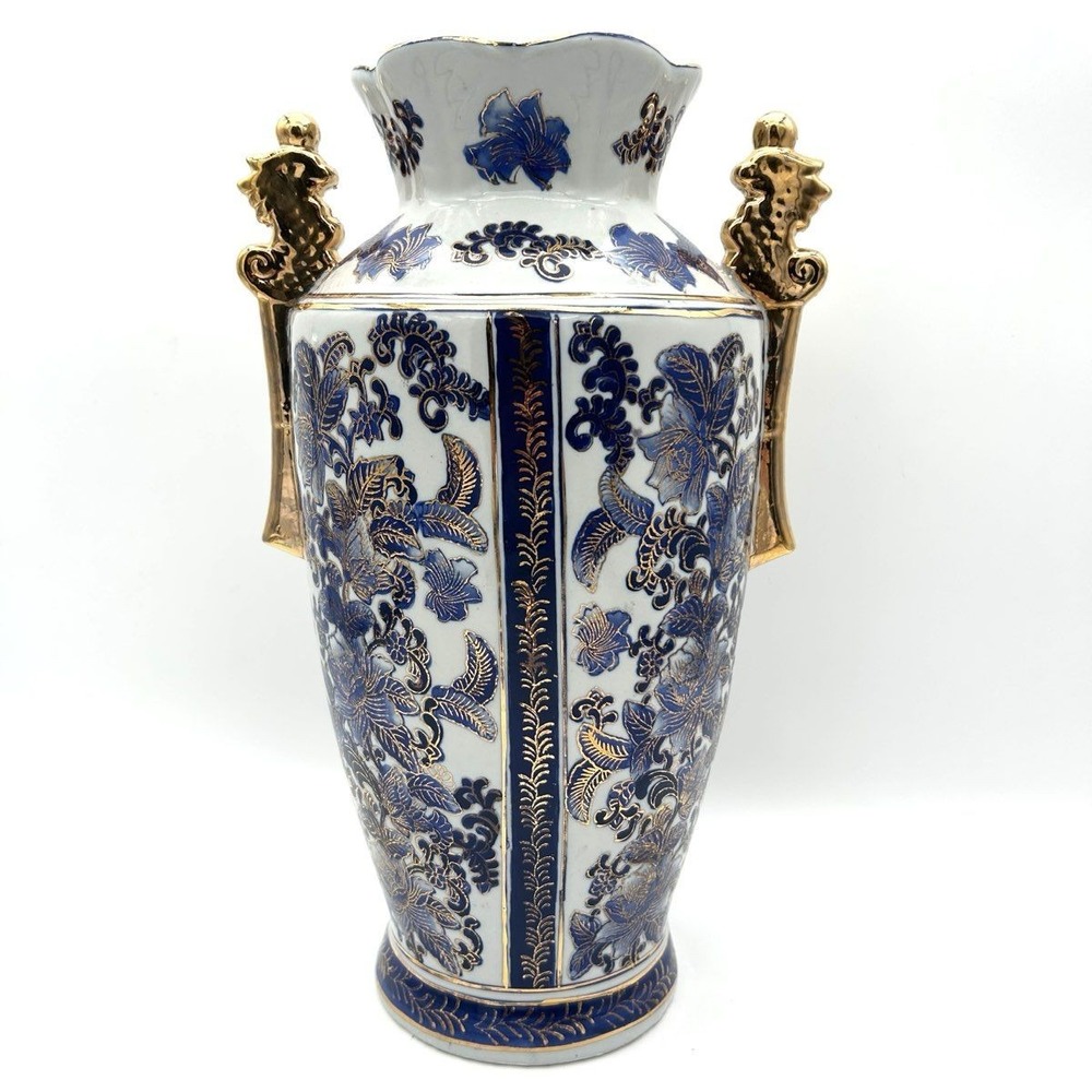 Vintage Japanese Porcelain Vase Blue White Floral Gold Gilt Seahorse Handles
